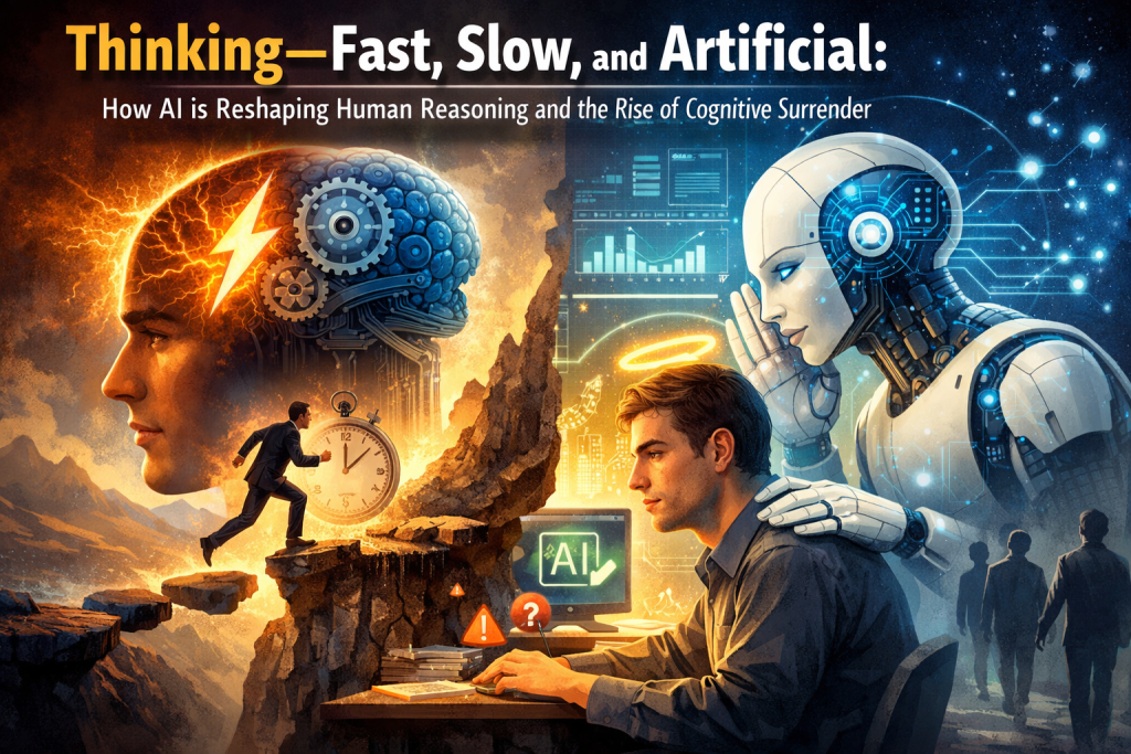 split screen depicting person rushing away and AI helping a typing person